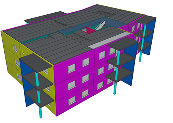 CADMATIC Buildingillä suunniteltu kerrostalon rakennemalli (ifc-värit).
